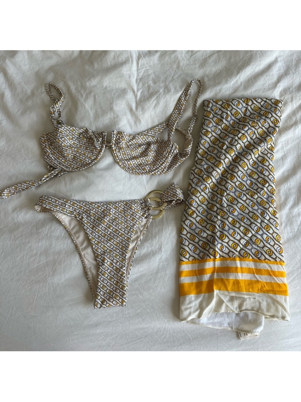 Monday Swimwear Yellow and White Patterned Bikini set with Sarong! 3 piece set! - Picture 2 of 10